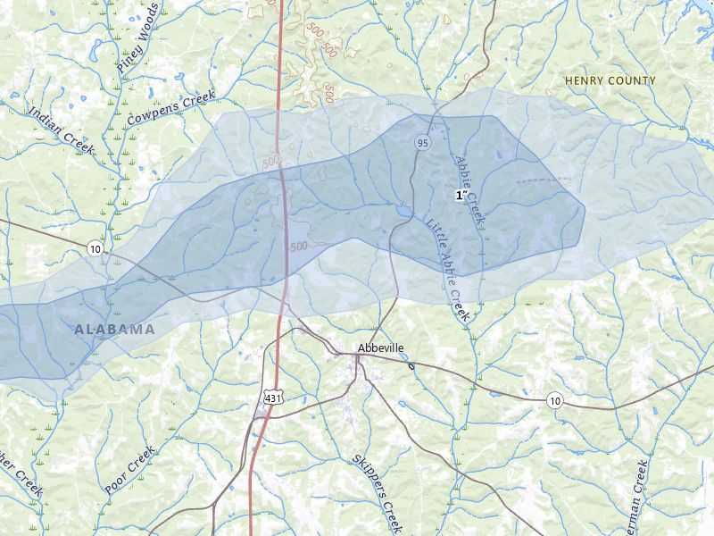 NEXRAD radar-signature map of the hail over Abbeville, AL