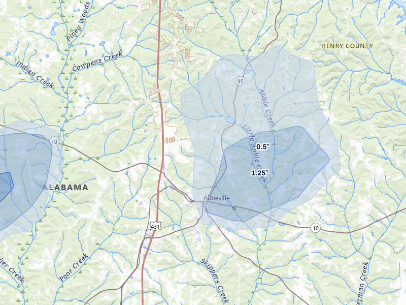 NEXRAD radar-signature map of the hail over Abbeville, AL