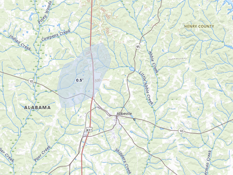 NEXRAD radar-signature map of the hail storm over Abbeville, AL on Apr 1, 2026
