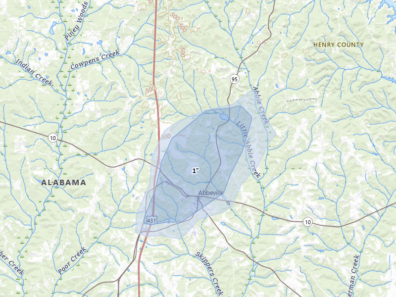 NEXRAD radar-signature map of the hail storm over Abbeville, AL on Jul 5, 2026