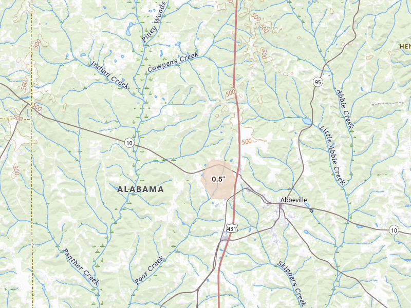 Radar-estimated hail-size map of the storm over Abbeville, AL on Aug 13, 2026