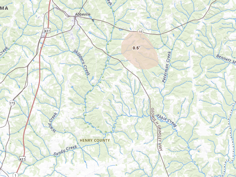 Radar-estimated hail-size map of the storm over Abbeville, AL on Aug 20, 2026