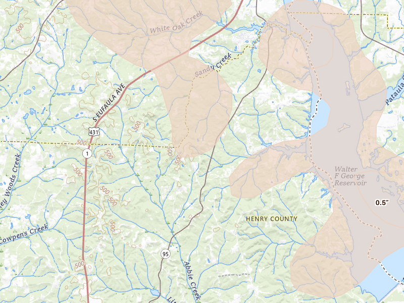 Radar-estimated hail-size map of the storm over Abbeville, AL on Aug 21, 2026