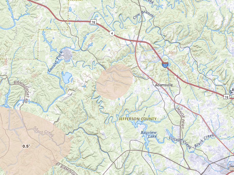 Radar-estimated hail-size map of the storm over Adamsville, AL on Apr 29, 2026