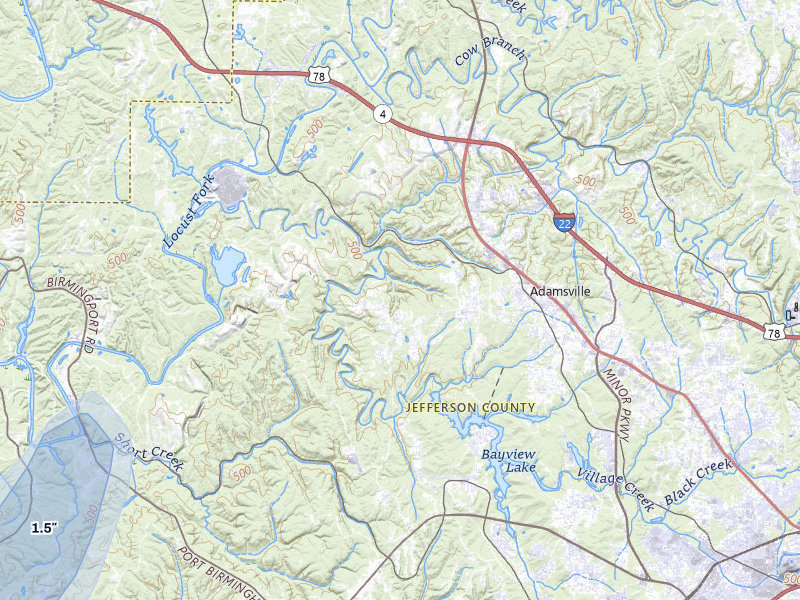 NEXRAD radar-signature map of the hail storm over Adamsville, AL on Apr 29, 2026