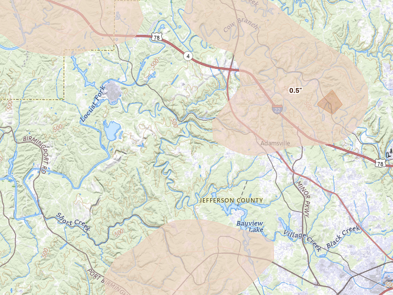 Radar-estimated hail-size map of the storm over Adamsville, AL on Jul 1, 2026