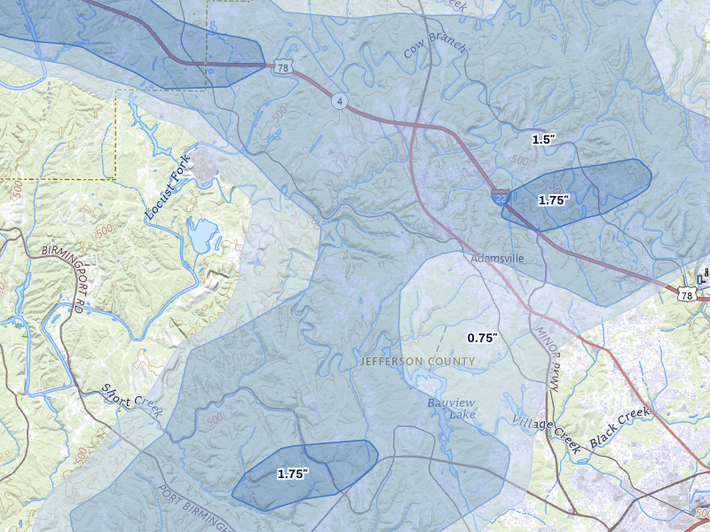 NEXRAD radar-signature map of the hail over Adamsville, AL