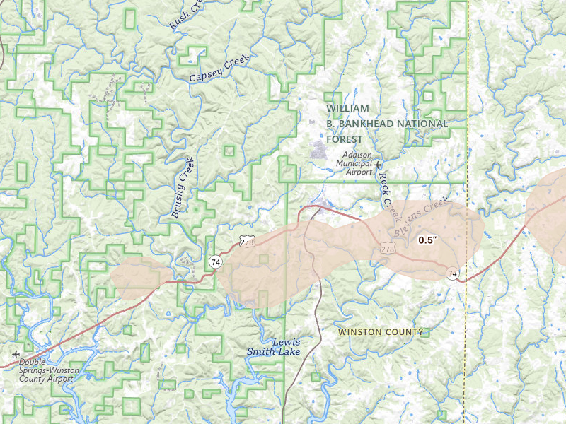Radar-estimated hail-size map of the storm over Addison, AL on May 6, 2026