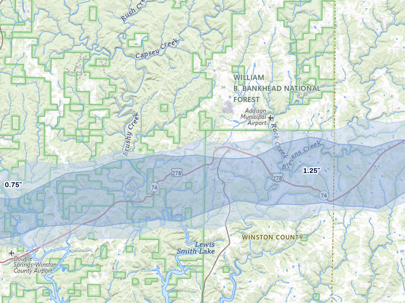 NEXRAD radar-signature map of the hail storm over Addison, AL on May 6, 2026