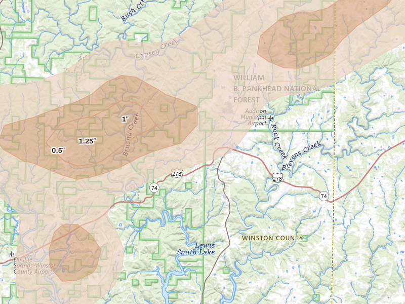 Radar-estimated hail-size map of the storm over Addison, AL on Jul 1, 2026