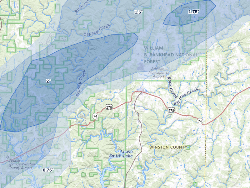 NEXRAD radar-signature map of the hail storm over Addison, AL on Jul 1, 2026