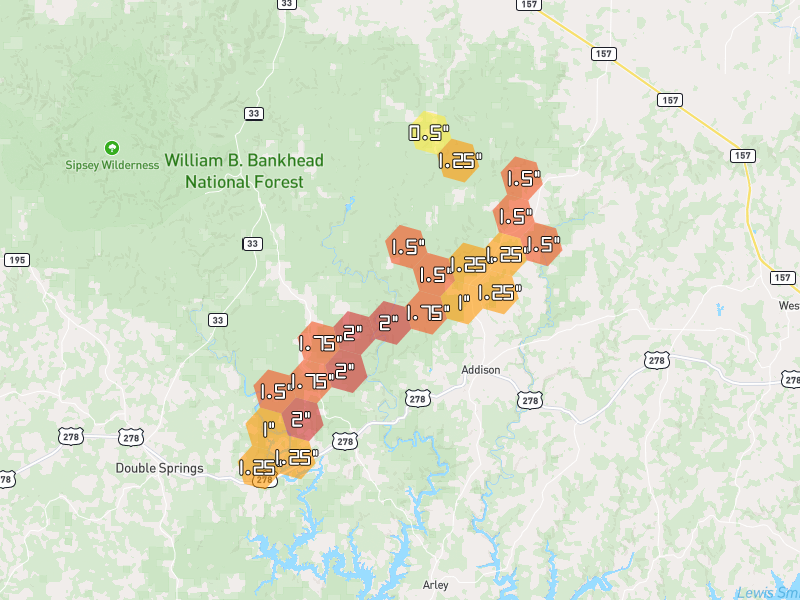Hail map of Addison, AL on Jul 1, 2026, hail up to 2"