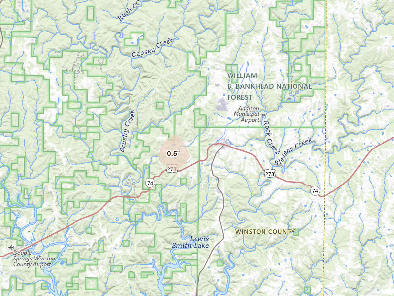 Radar-estimated hail-size map of the storm over Addison, AL on Aug 8, 2026