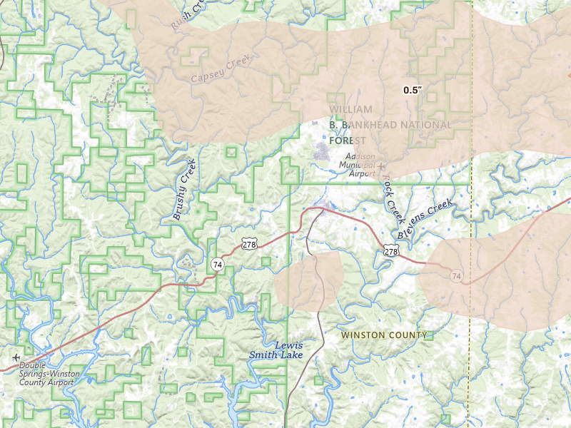 Radar-estimated hail-size map of the storm over Addison, AL on Aug 20, 2026