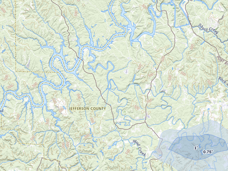 NEXRAD radar-signature map of the hail storm over Adger, AL on Jul 9, 2026