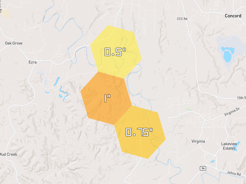 Hail map of Adger, AL on Jul 9, 2026, hail up to 1"