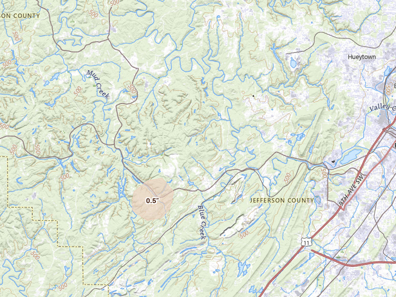 Radar-estimated hail-size map of the storm over Adger, AL on Aug 8, 2026
