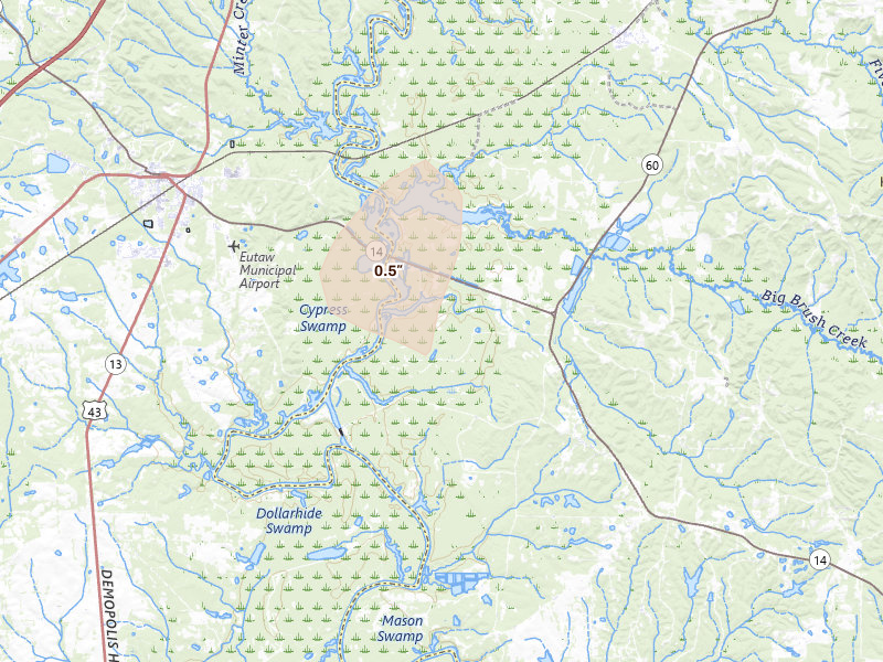 Radar-estimated hail-size map of the storm over Akron, AL on Aug 19, 2026