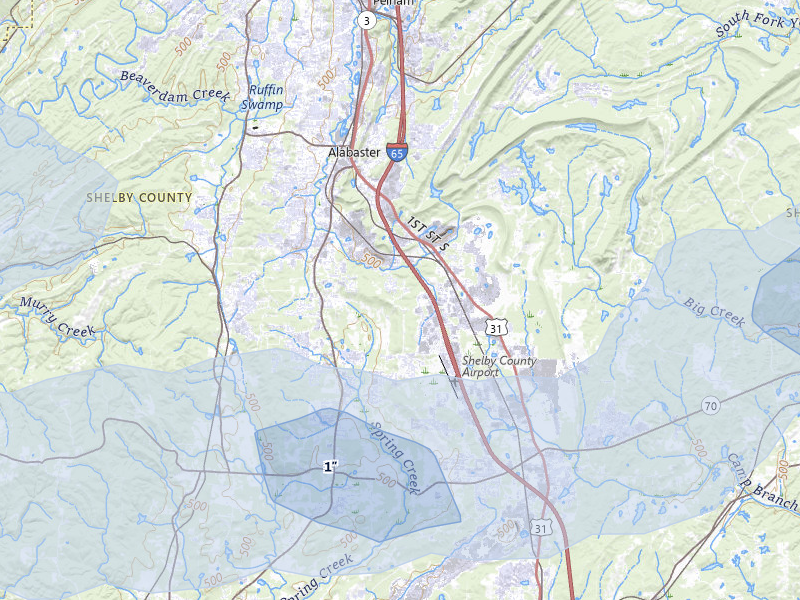 NEXRAD radar-signature map of the hail over Alabaster, AL