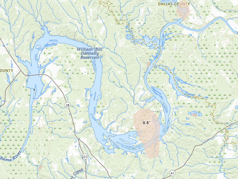 Radar-estimated hail-size map of the storm over Alberta, AL on Jul 18, 2026