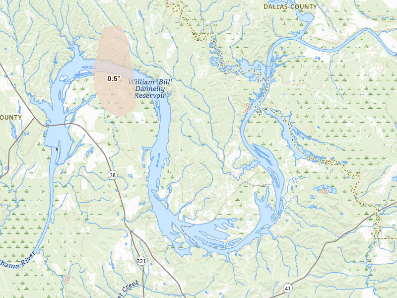 Radar-estimated hail-size map of the storm over Alberta, AL on Jul 29, 2026