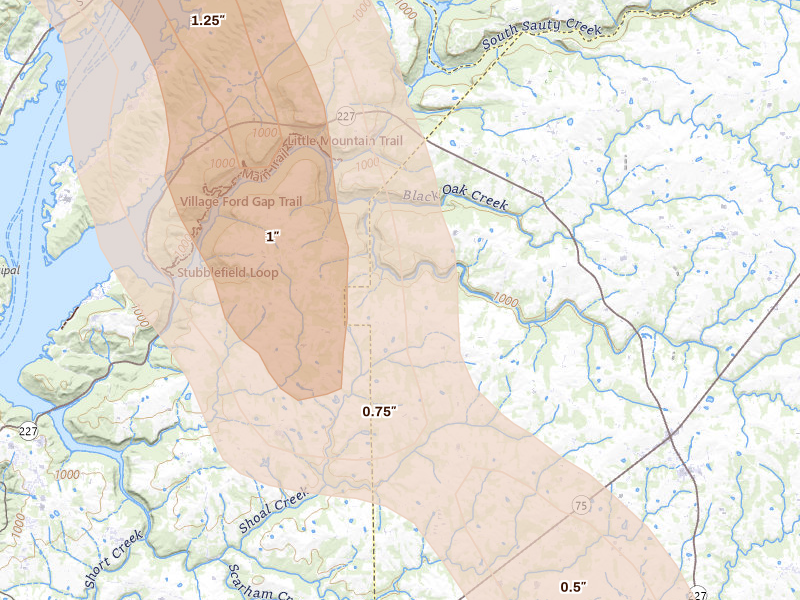 Radar-estimated hail-size map of the storm over Albertville, AL on Jun 1, 2026