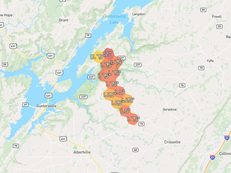 Hail map of Albertville, AL on Jun 1, 2026, hail up to 2"