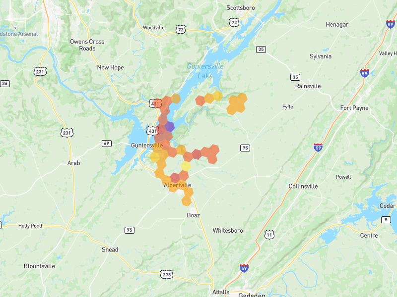 Hail map of Albertville, AL on Jul 1, 2026, hail up to 3"
