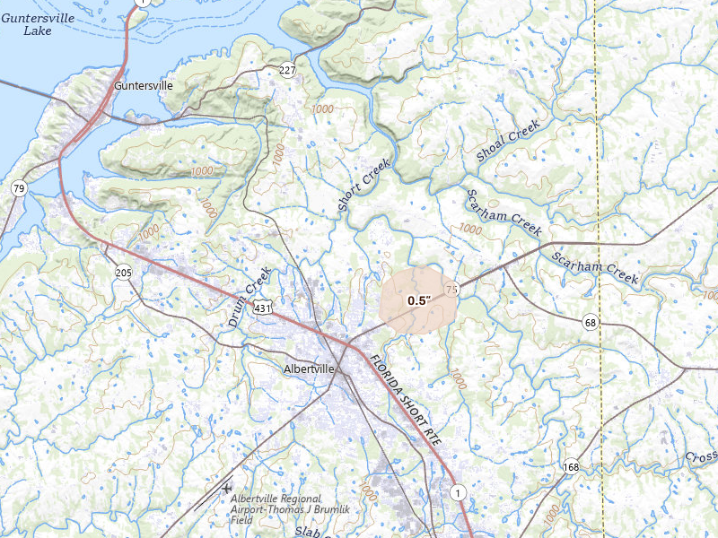 Radar-estimated hail-size map of the storm over Albertville, AL on Aug 5, 2026