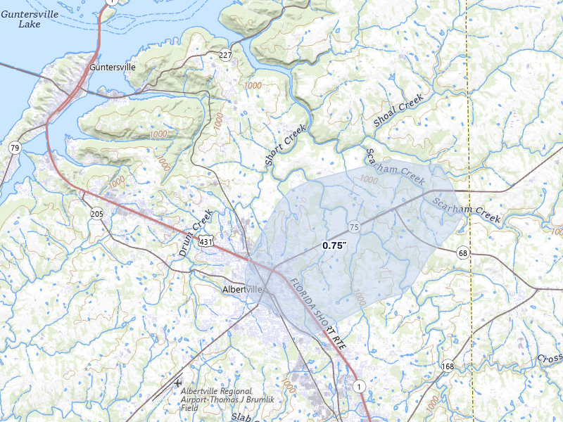 NEXRAD radar-signature map of the hail storm over Albertville, AL on Aug 5, 2026