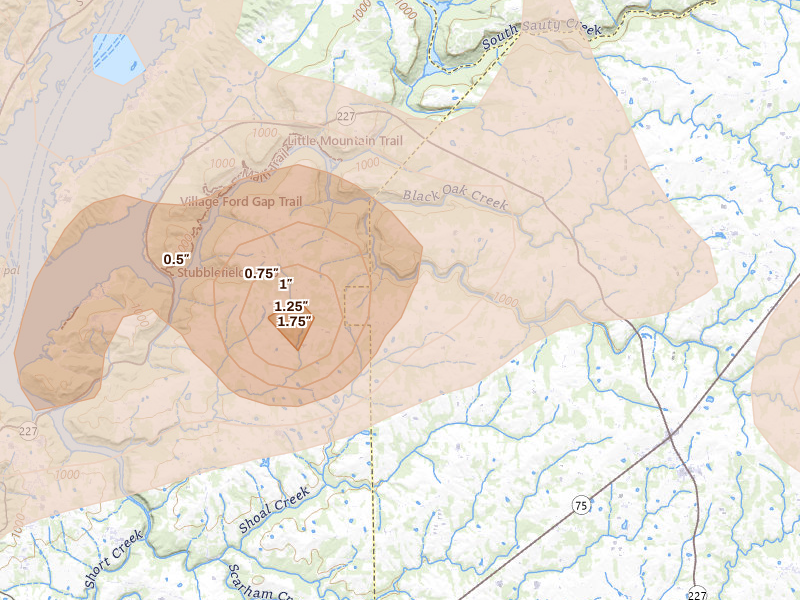 Radar-estimated hail-size map of the storm over Albertville, AL on Aug 20, 2026