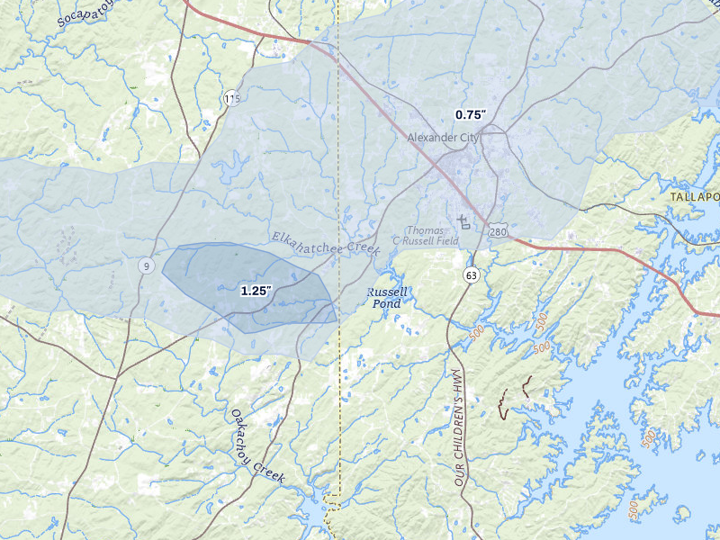 NEXRAD radar-signature map of the hail storm over Alexander City, AL on Apr 28, 2026