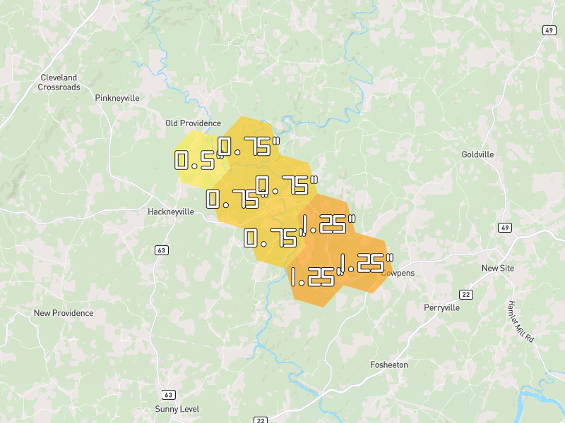 Hail map of Alexander City, AL on Jul 1, 2026, hail up to 1.25"