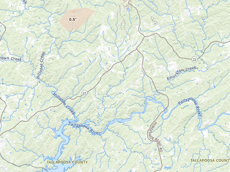 Radar-estimated hail-size map of the storm over Alexander City, AL on Jul 9, 2026