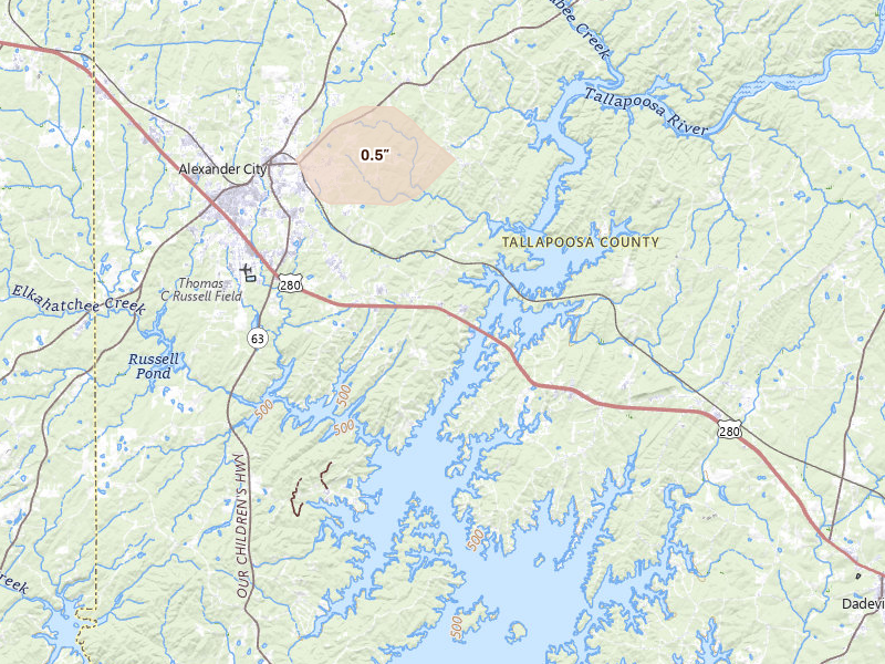 Radar-estimated hail-size map of the storm over Alexander City, AL on Aug 1, 2026