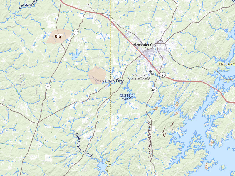 Radar-estimated hail-size map of the storm over Alexander City, AL on Aug 13, 2026
