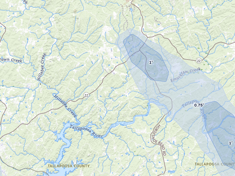 NEXRAD radar-signature map of the hail storm over Alexander City, AL on Aug 13, 2026