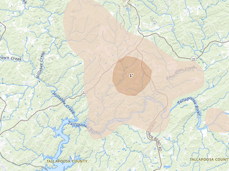 Radar-estimated hail-size map of the storm over Alexander City, AL on Aug 21, 2026