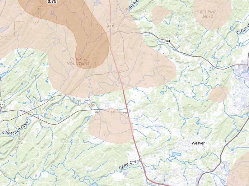 Radar-estimated hail-size map of the storm over Alexandria, AL on Jul 1, 2026