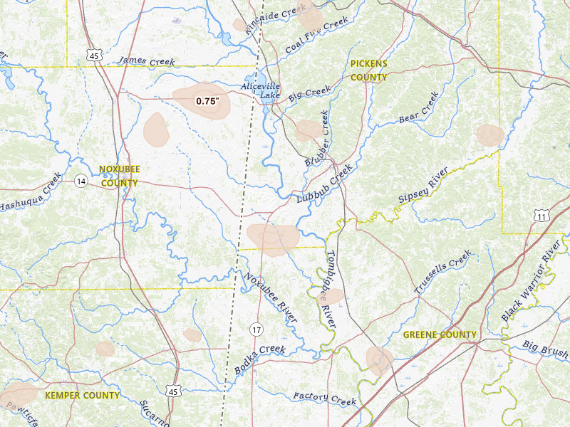 Radar-estimated hail-size map of the storm over Aliceville, AL on Jun 1, 2026