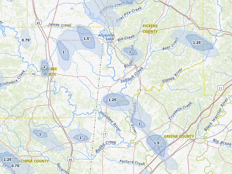 NEXRAD radar-signature map of the hail storm over Aliceville, AL on Jun 1, 2026