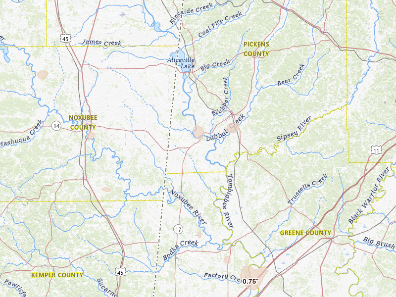 Radar-estimated hail-size map of the storm over Aliceville, AL