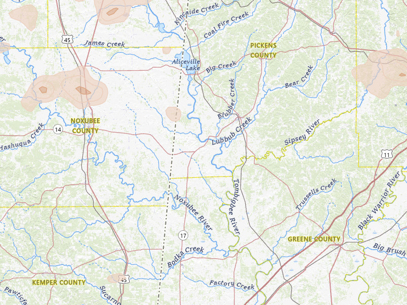 Radar-estimated hail-size map of the storm over Aliceville, AL on Jul 1, 2026