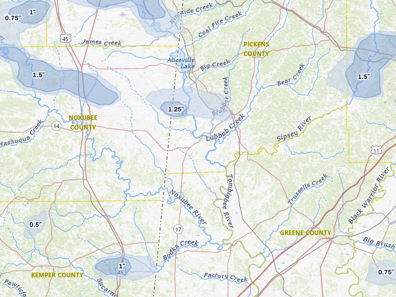 NEXRAD radar-signature map of the hail storm over Aliceville, AL on Jul 1, 2026