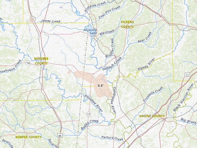 Radar-estimated hail-size map of the storm over Aliceville, AL on Jul 9, 2026