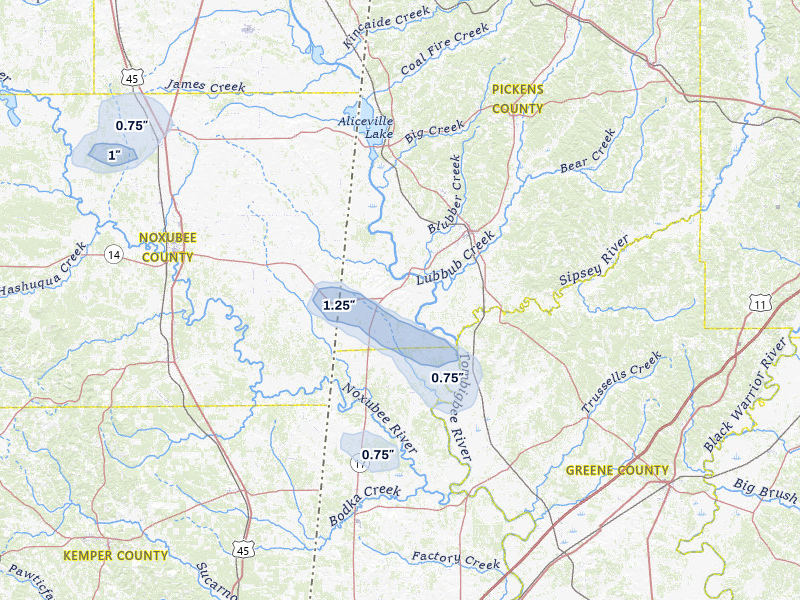 NEXRAD radar-signature map of the hail storm over Aliceville, AL on Jul 9, 2026