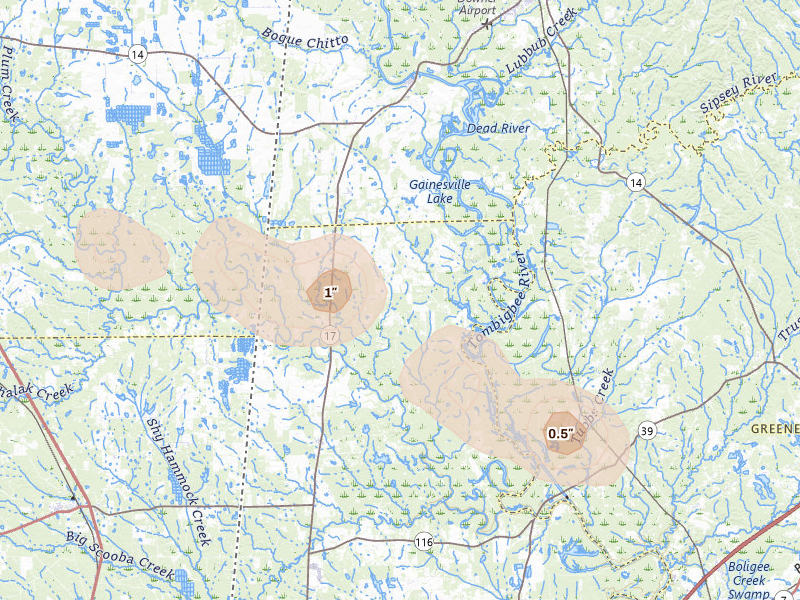 Radar-estimated hail-size map of the storm over Aliceville, AL on Aug 18, 2026