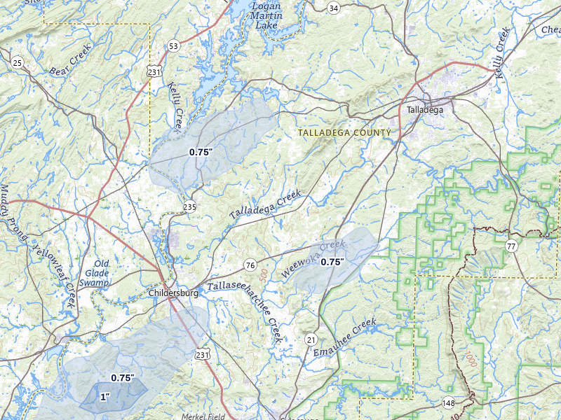 NEXRAD radar-signature map of the hail over Alpine, AL