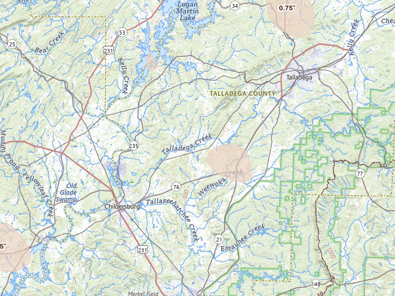 Radar-estimated hail-size map of the storm over Alpine, AL on Jun 1, 2026