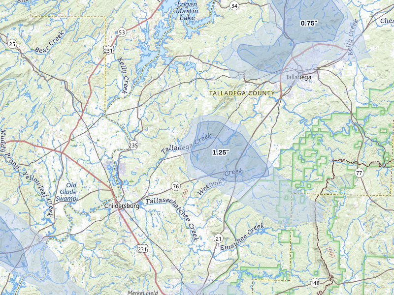 NEXRAD radar-signature map of the hail storm over Alpine, AL on Jun 1, 2026